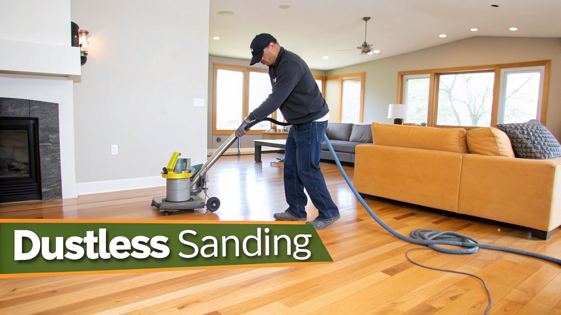 A man operates a dustless hardwood floor sander to refinish wooden floors in a living room.