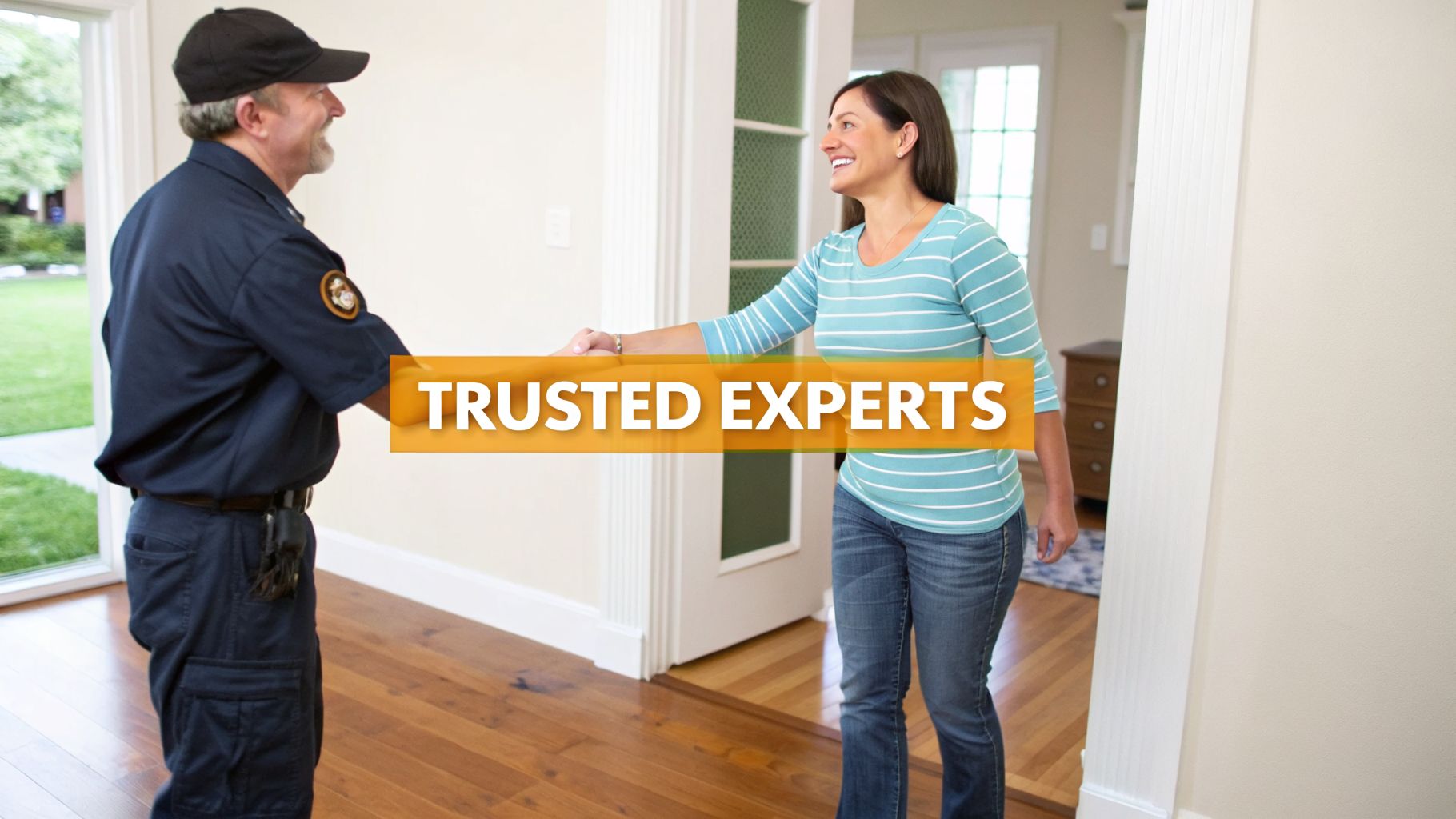 A smiling service technician in a uniform shakes hands with a happy woman inside her home.