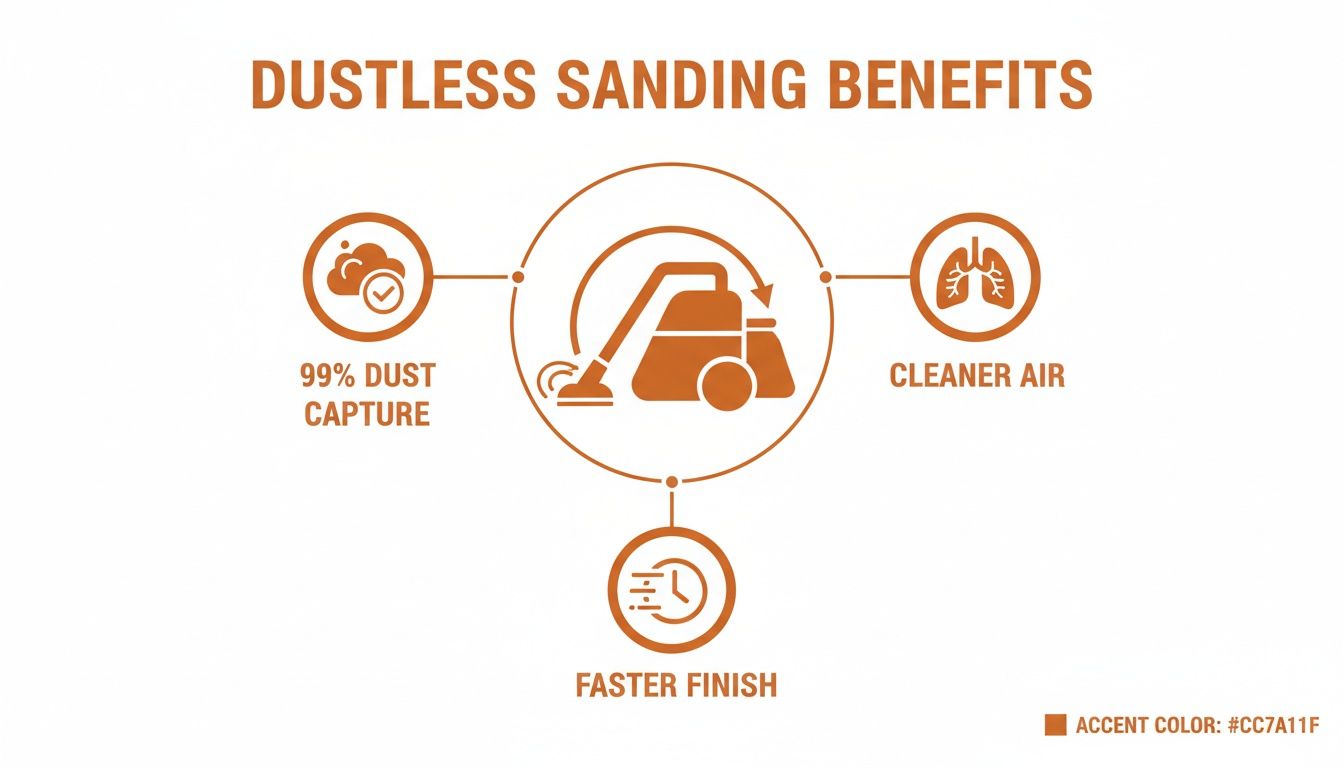 Infographic showing dustless sanding benefits including 99% dust capture, cleaner air, and faster finish.