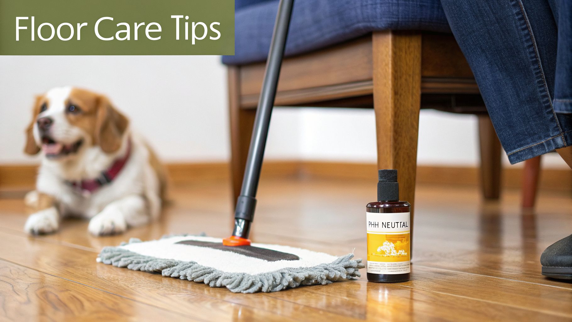 Floor care scene with a person, mop, cleaner bottle, and a dog on a shiny hardwood floor.