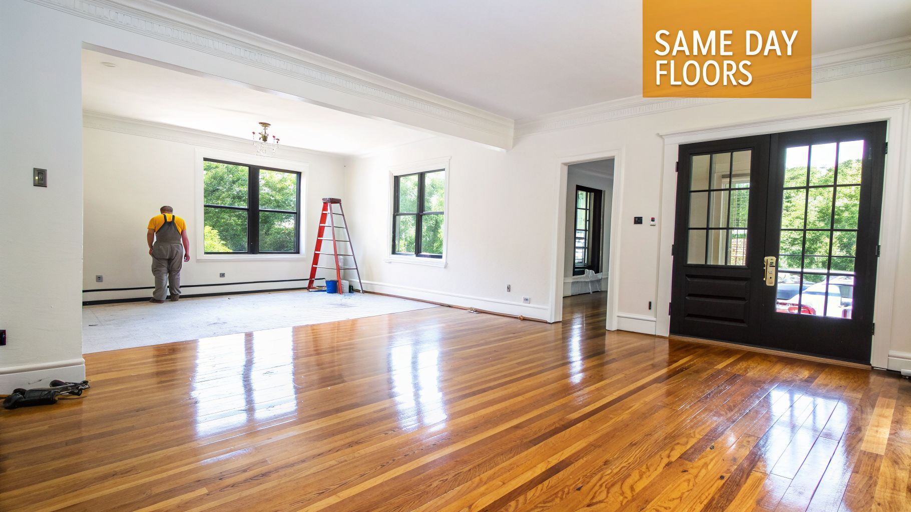 Worker installing new hardwood floors in a bright, spacious room during a home renovation.