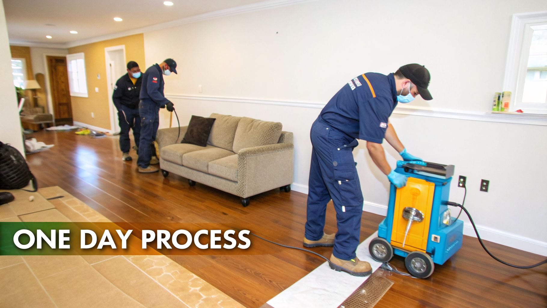 Three men in uniforms cleaning and restoring hardwood floors in a modern living room with a sofa.