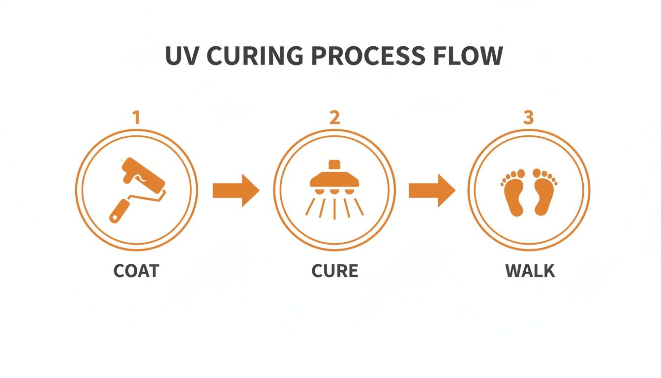UV curing process flow diagram showing three steps: coat with roller, cure with light, and walk.