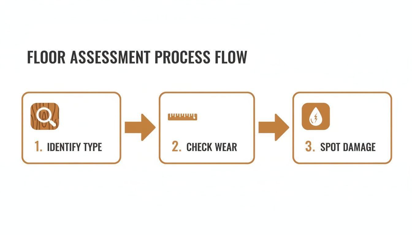 Flowchart detailing the three-step floor assessment process: identify type, check wear, and spot damage.