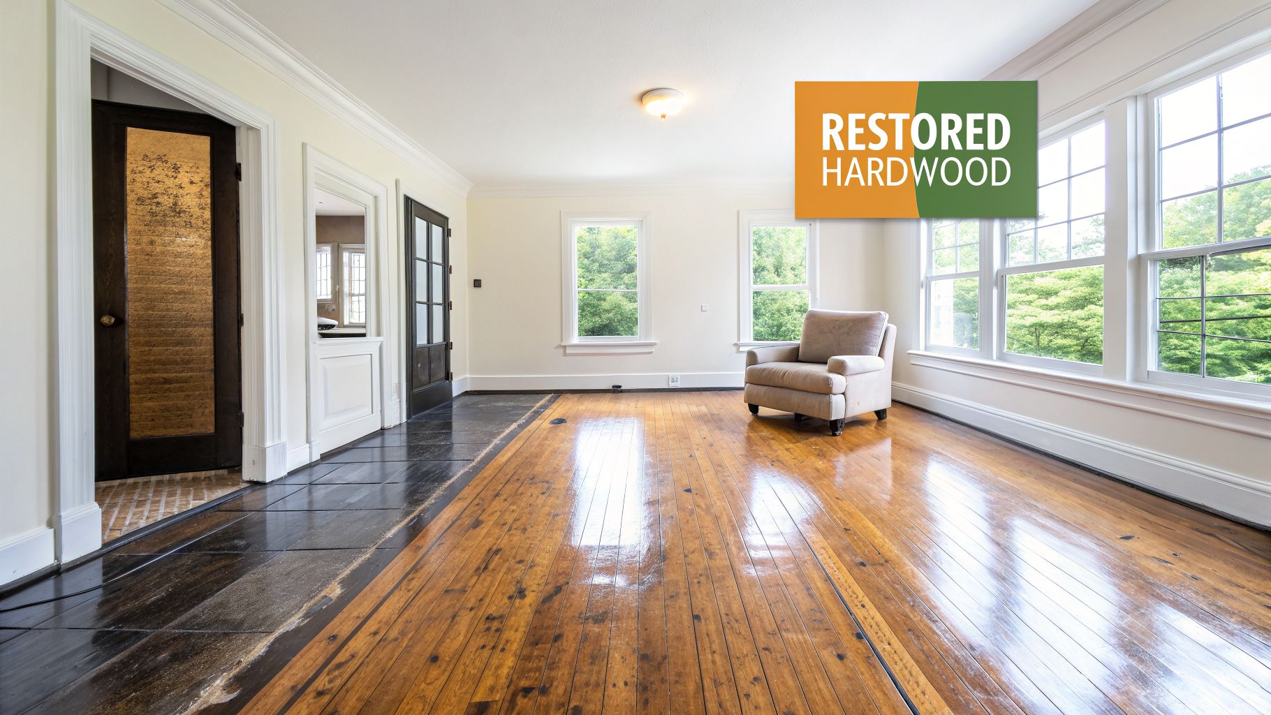 A room showcasing the before and after of hardwood floor refinishing, with light and dark sections.