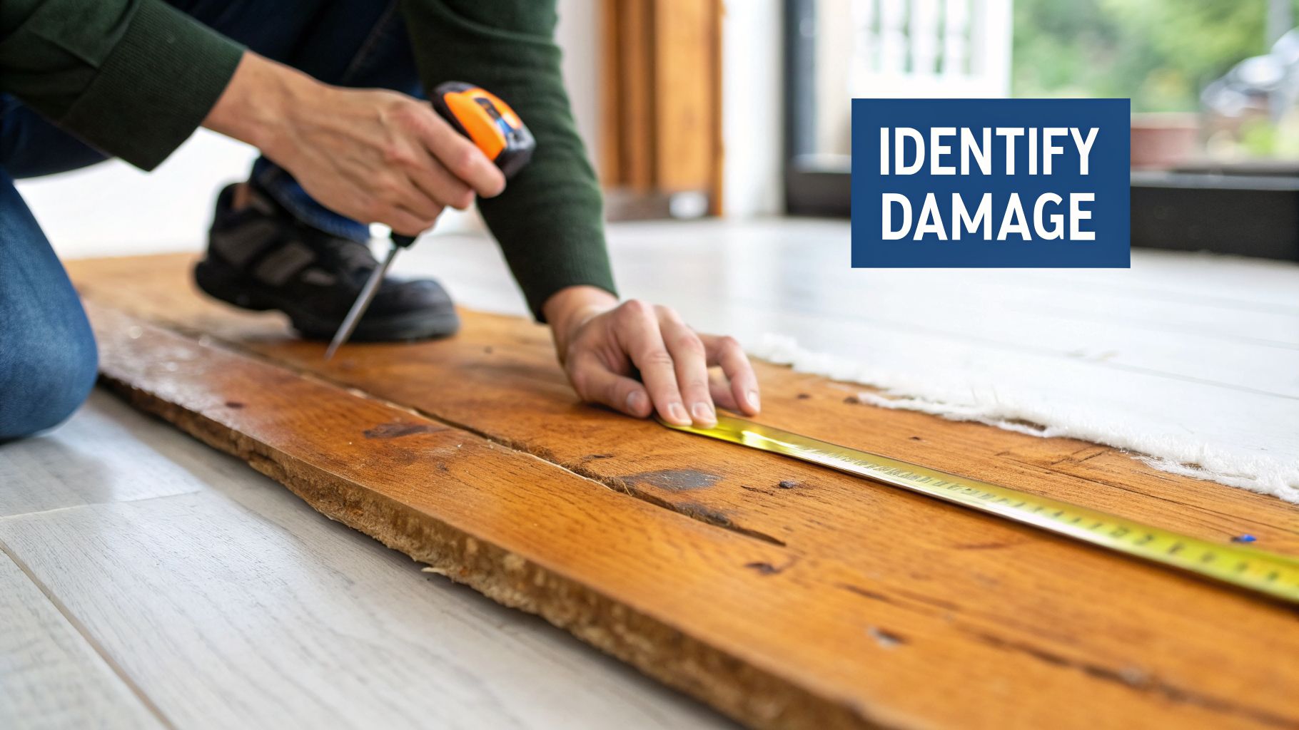 Person kneeling, using a measuring tape and a tool to inspect a damaged hardwood floor plank.