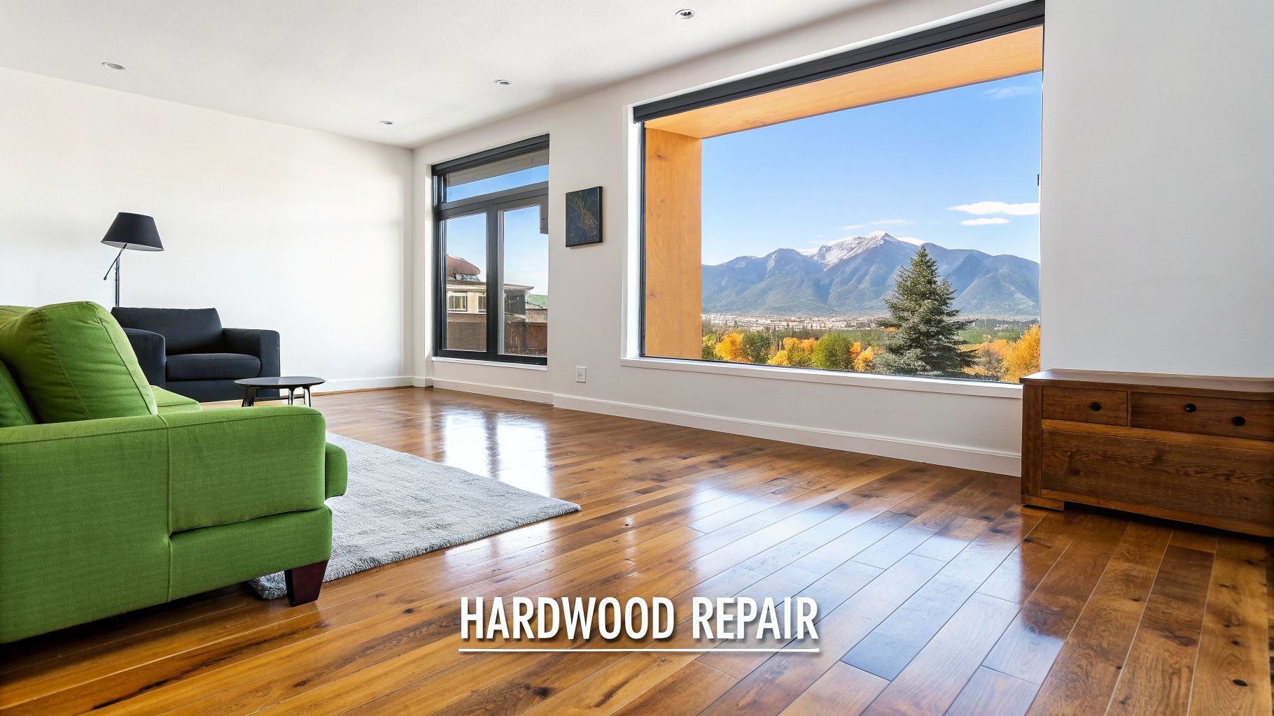 A bright living room with gleaming hardwood floors, a green sofa, and a stunning mountain view.
