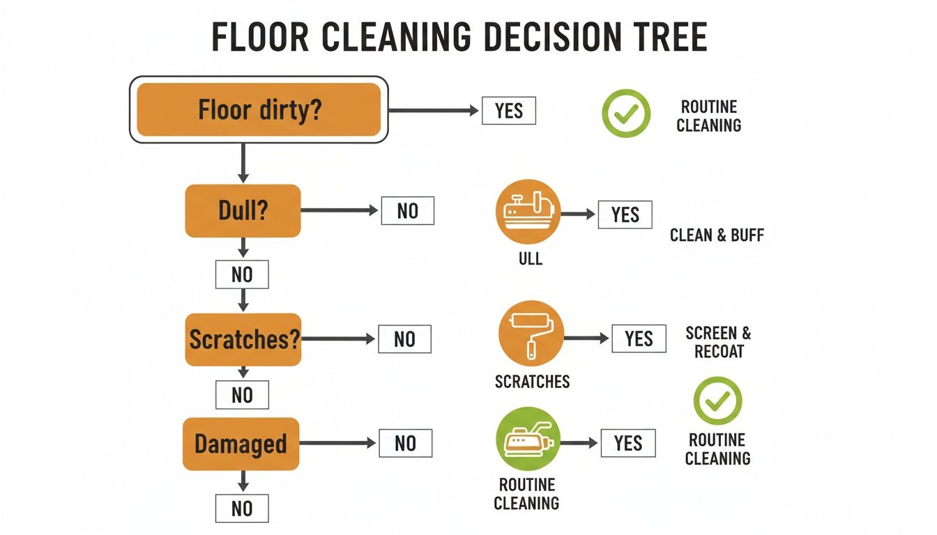 A floor cleaning decision tree flowchart guiding maintenance based on floor condition like dirt, dullness, scratches, or damage.