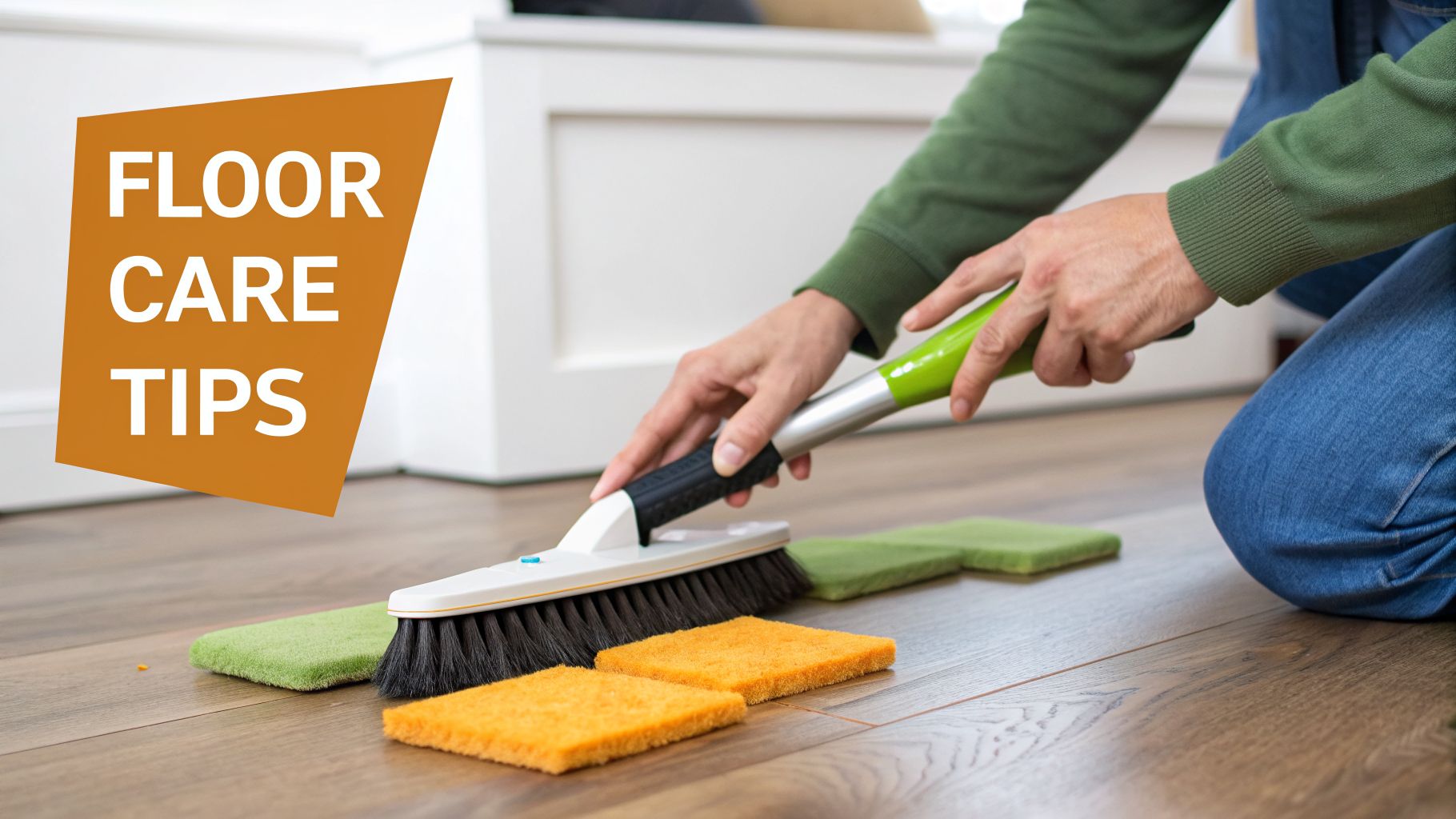 Person cleaning a wood floor with a brush and pads, illustrating floor care tips.