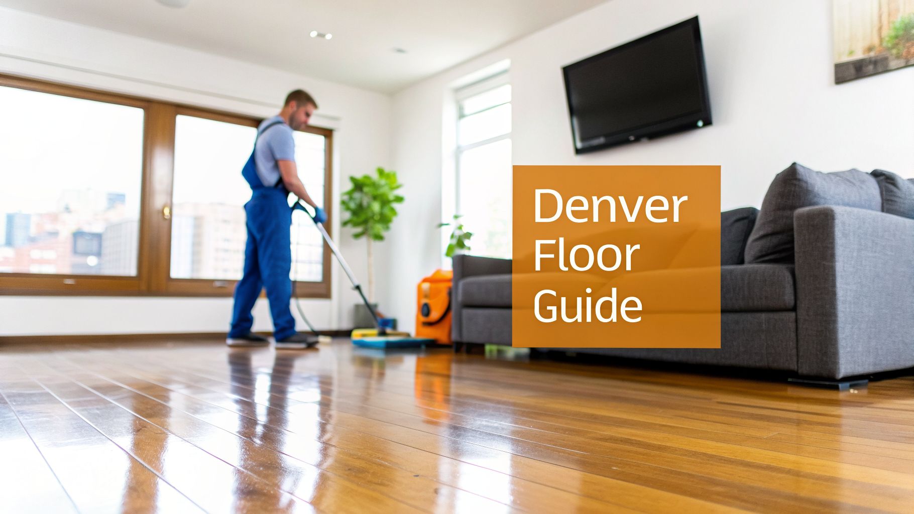 A professional cleaner in blue overalls mops a shiny hardwood floor in a bright living room.