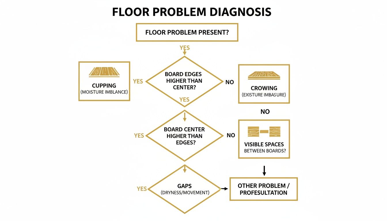 Floor problem diagnosis flowchart identifying cupping, crowning, and gaps based on board edges and center.
