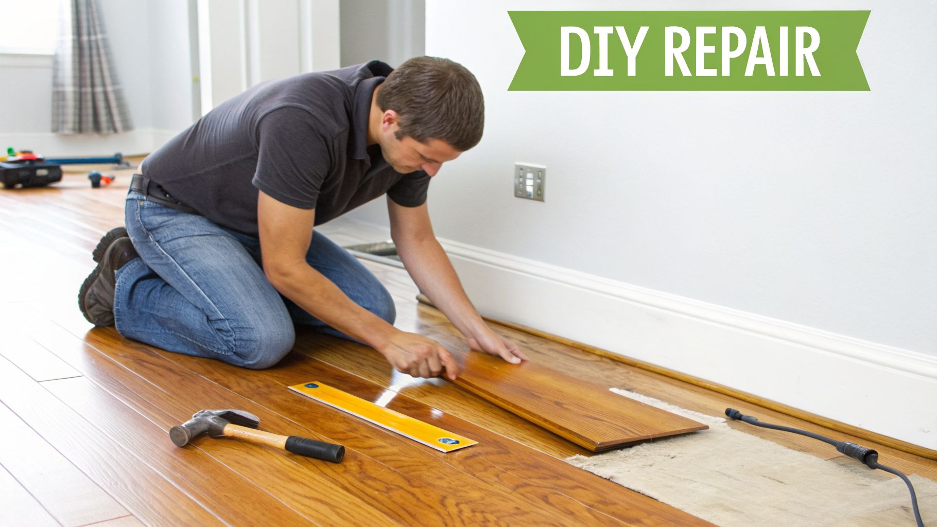 A man on his knees installing or repairing hardwood flooring, with a hammer and level on the floor.