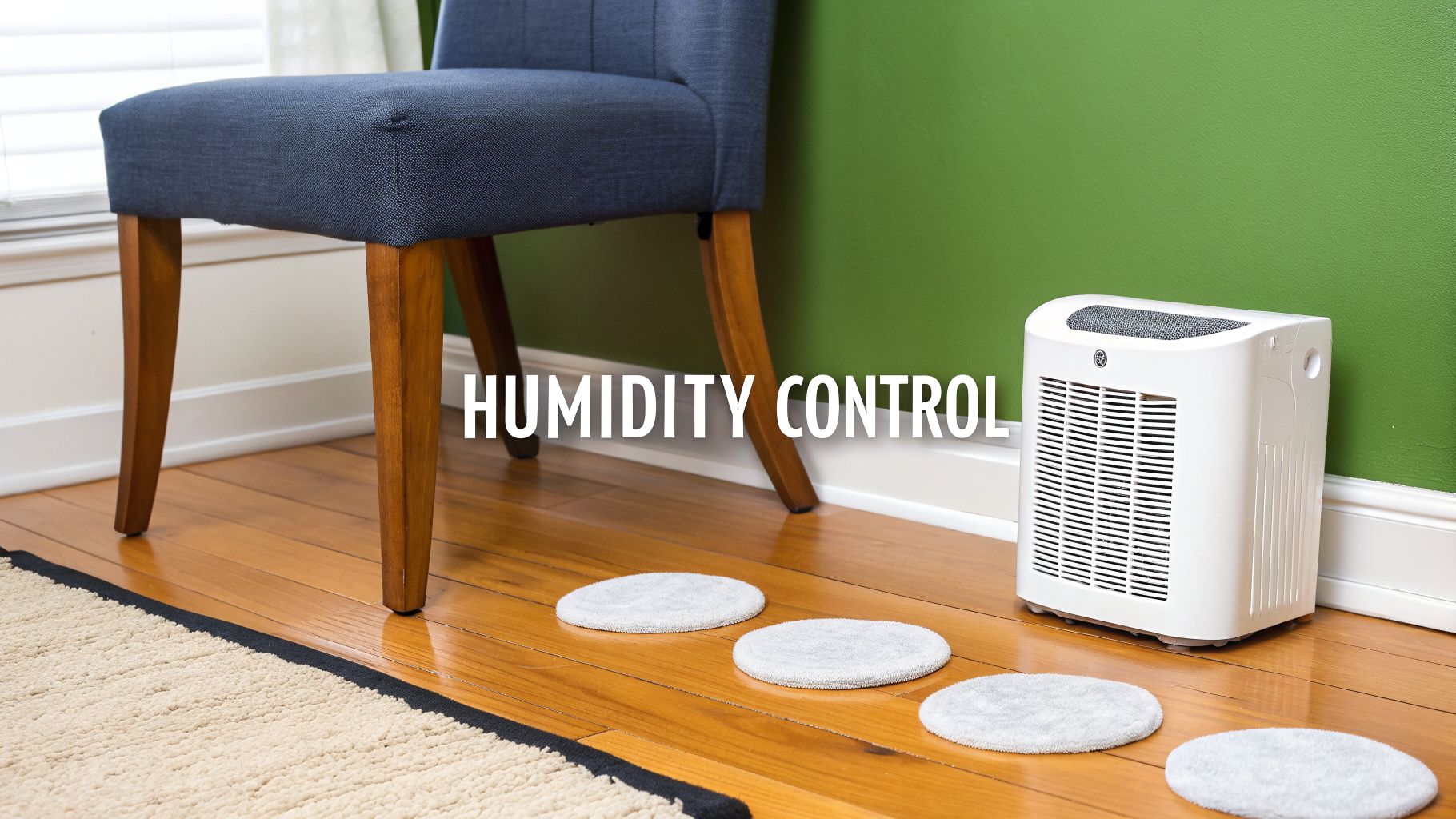A room featuring a hardwood floor, a blue upholstered chair, and a white dehumidifier for humidity control.