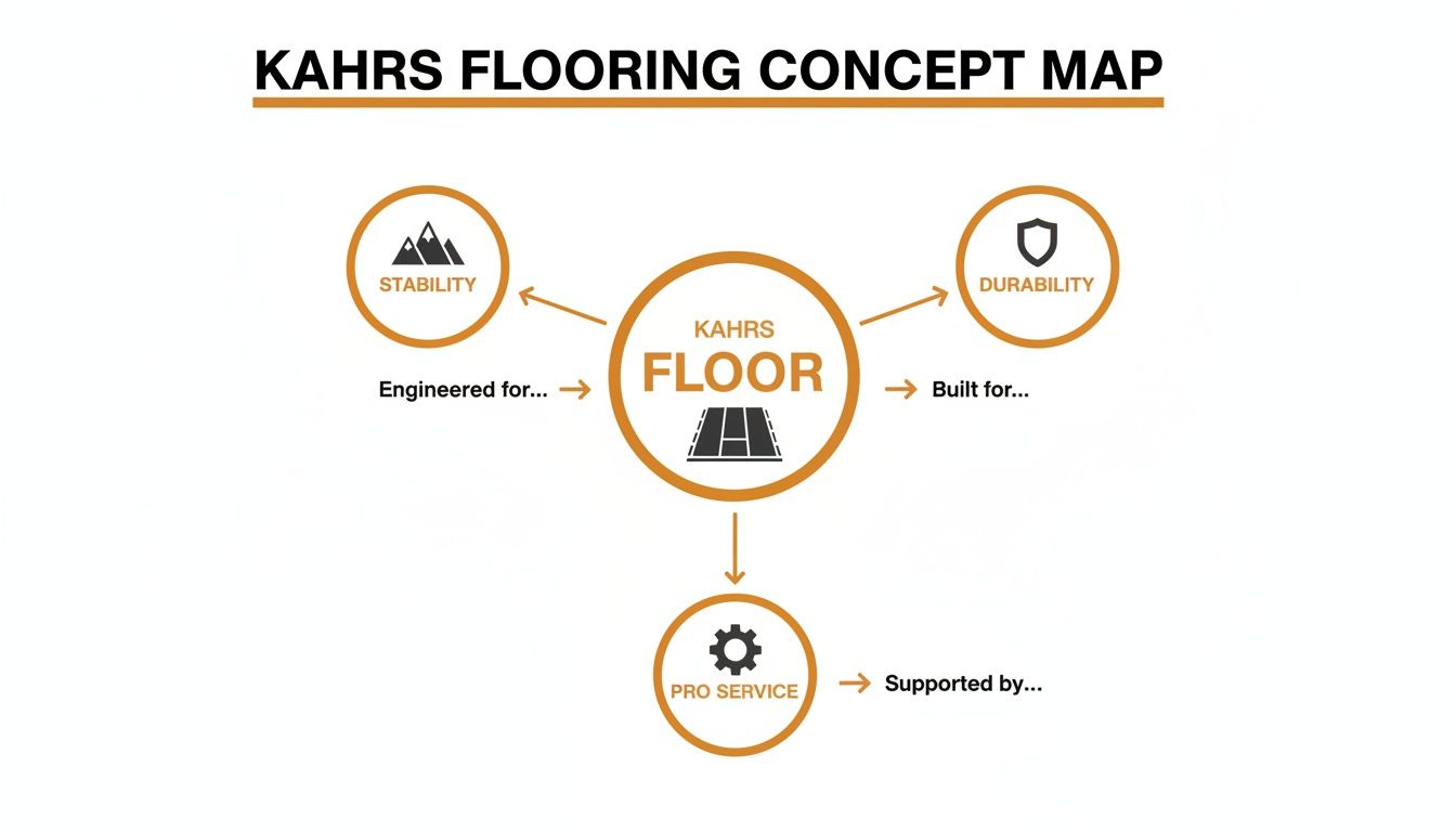 Kahrs Flooring concept map showing floor engineered for stability, built for durability, and supported by pro service.