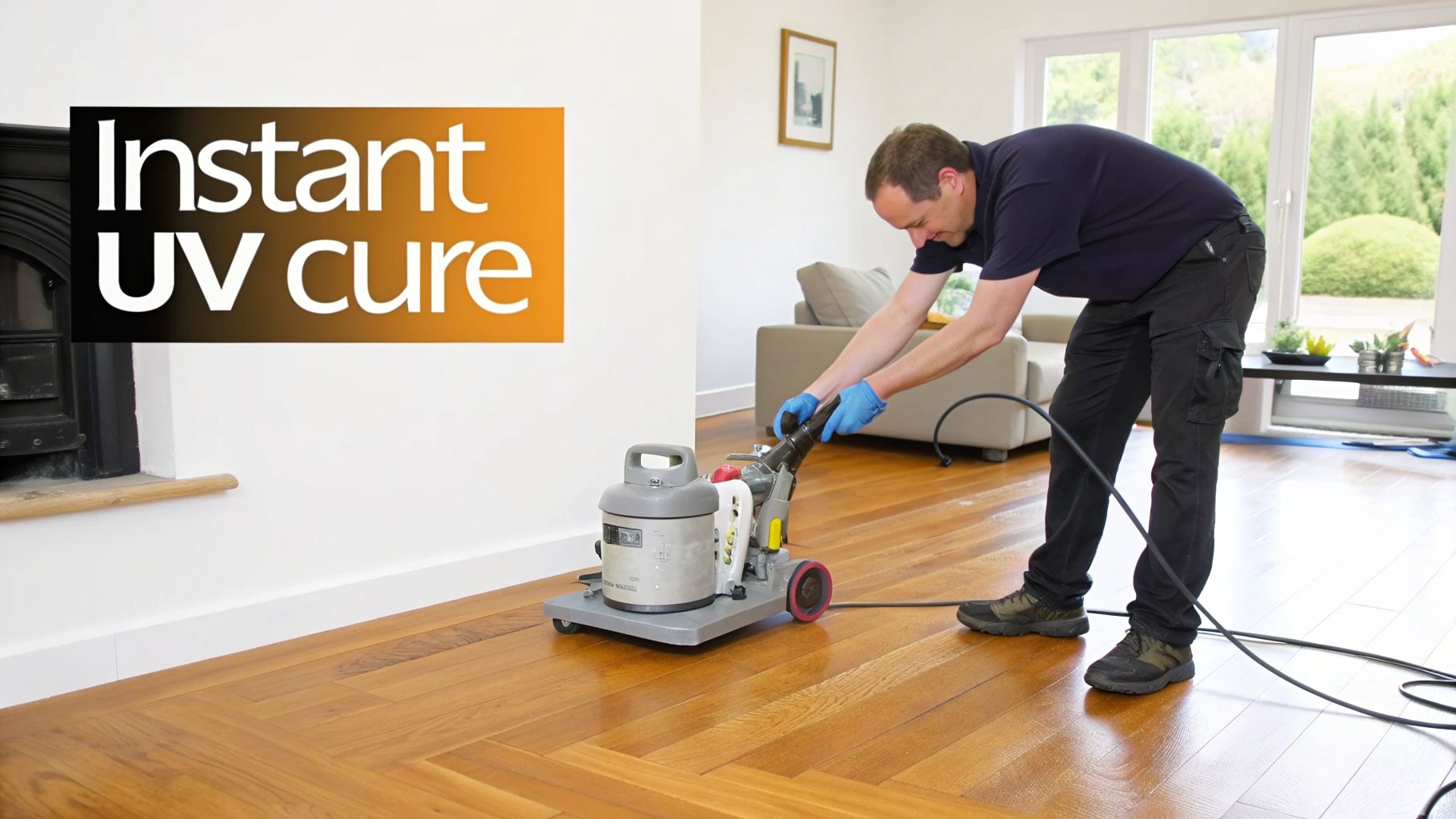 A man in blue gloves operates a floor treatment machine on a glossy herringbone wood floor.