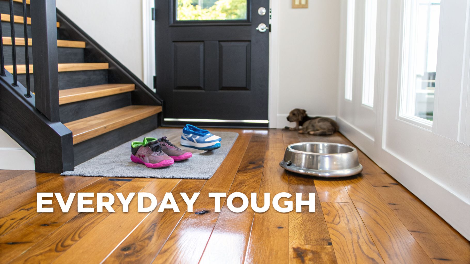 Entryway with Kahrs engineered hardwood flooring, a black staircase, shoes, a dog bowl, and a puppy.