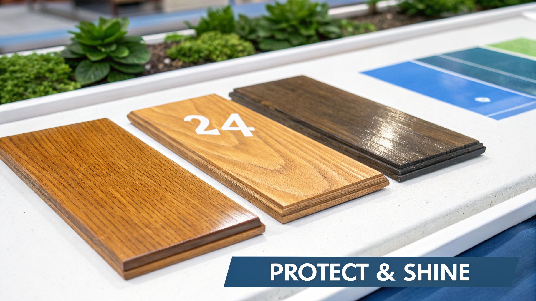 Three wooden planks showcasing different wood finishes and colors, with one labeled '24', on a white surface.
