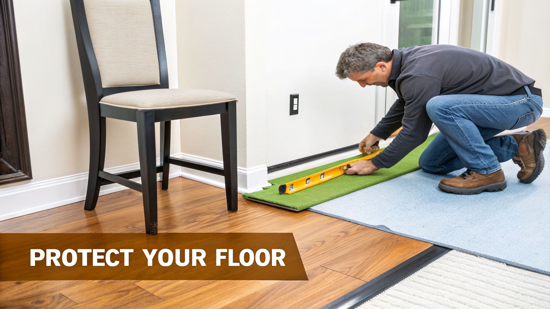 A man kneels, using a level to measure a green mat over light blue carpet and wooden floor.