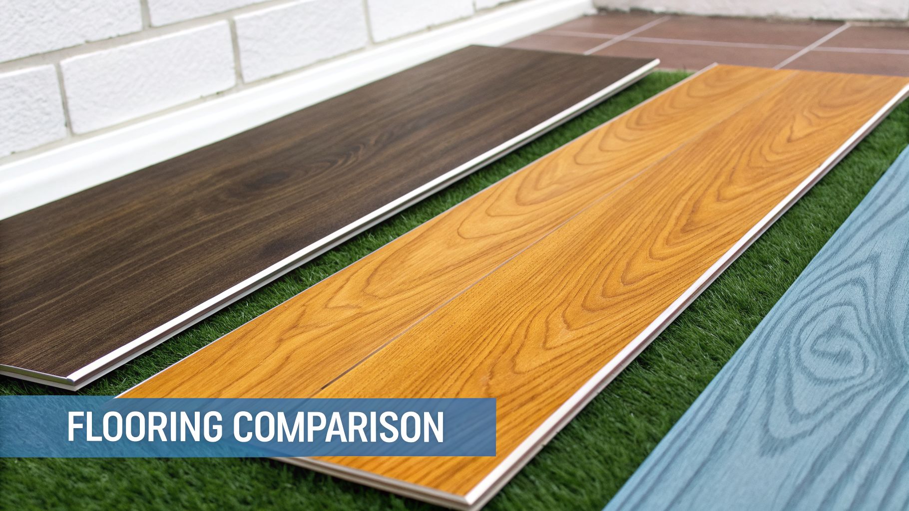 Comparison of different wood-look flooring samples in brown and blue tones, laid on green artificial grass.