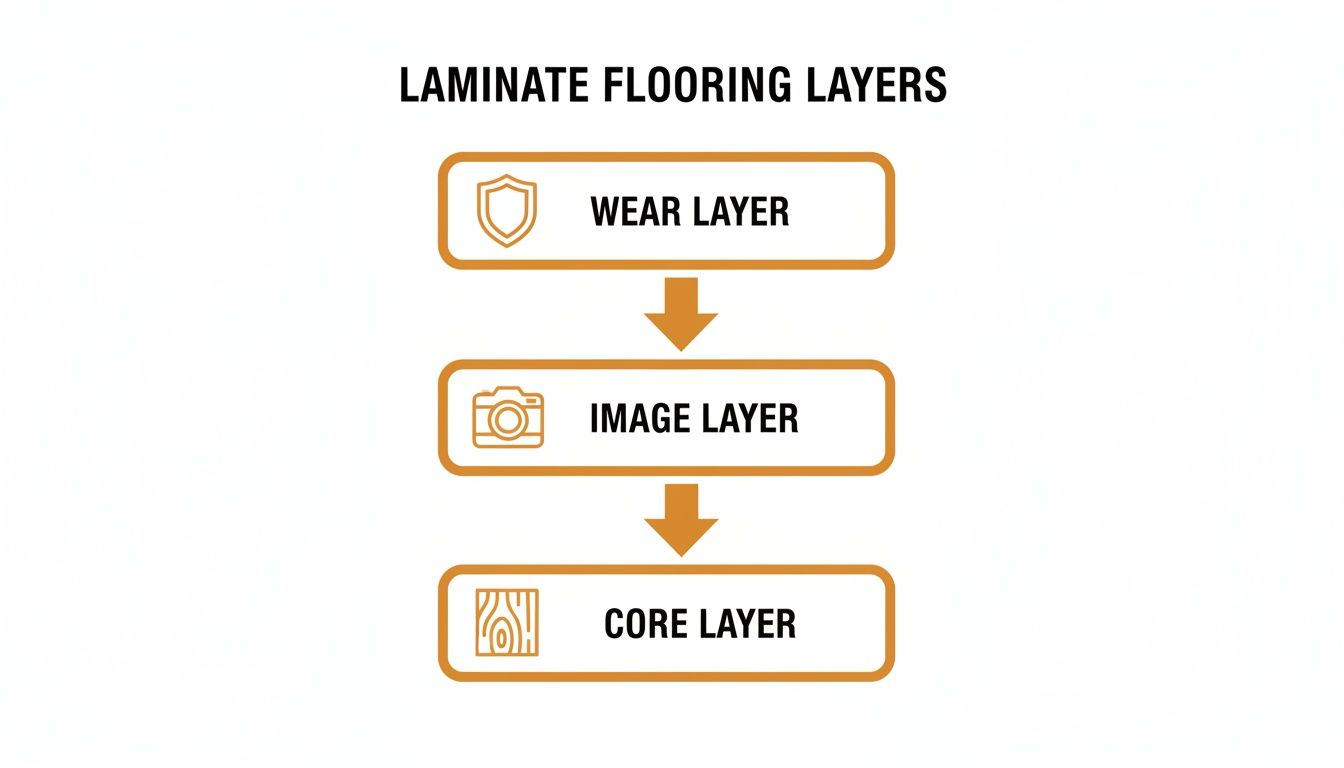 Diagram illustrating the three key layers of laminate flooring: wear, image, and core, with icons.