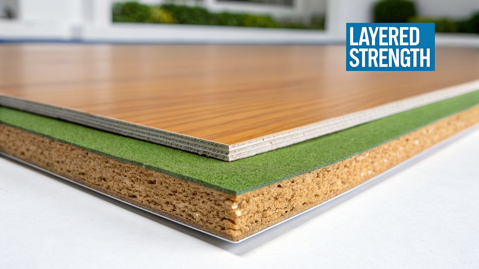 Detailed view of layered flooring with a wood finish, green underlay, and a thick base.