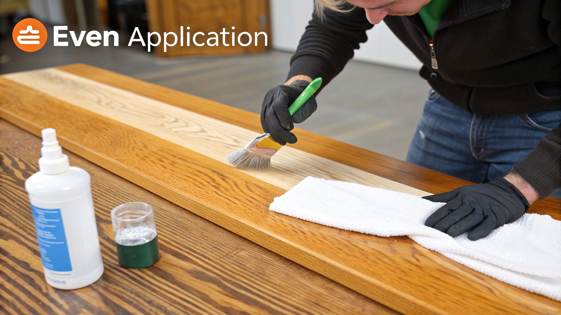 A person in black gloves applies wood finish to a light-colored wooden board with a brush.