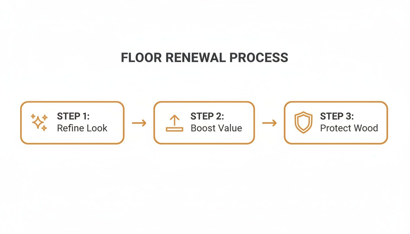 An infographic showing the 3-step floor renewal process: refine look, boost value, protect wood.