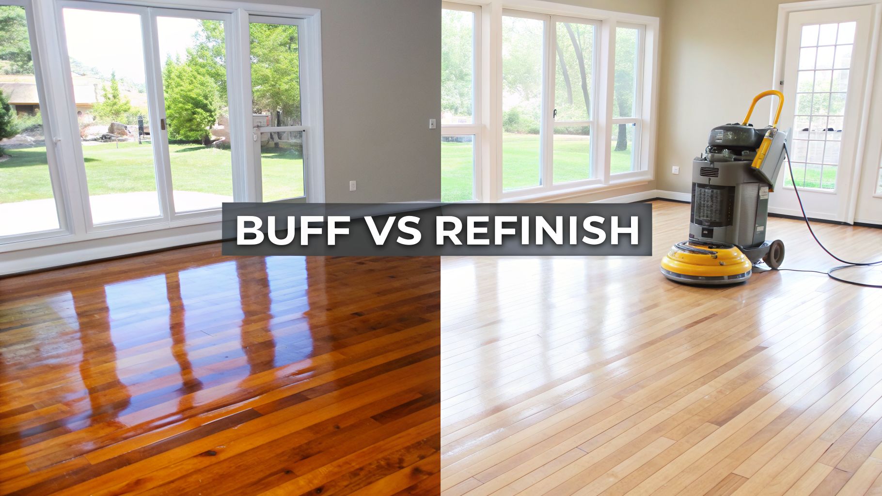 Side-by-side comparison of buffed dark wood floors and refinished light wood floors with a floor buffer machine.