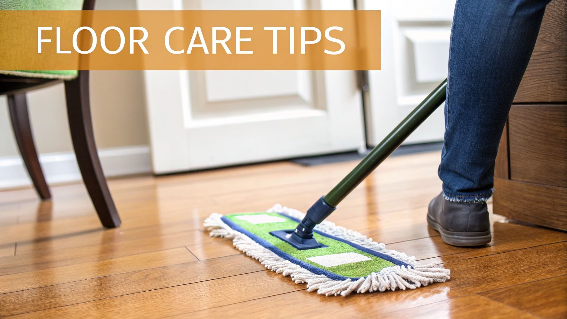 A person uses a green and blue mop to clean a shiny wooden floor, with 'FLOOR CARE TIPS' text.