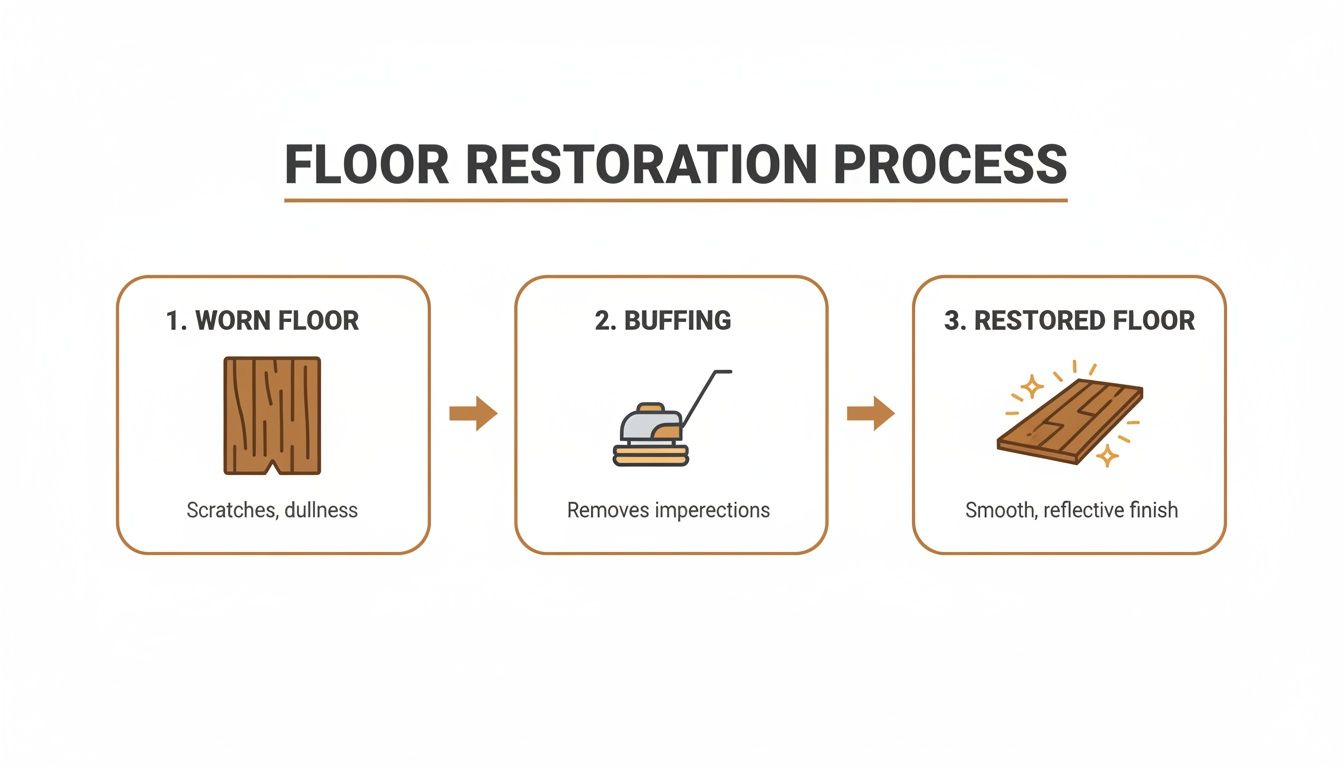 Illustration showing a three-step wood floor restoration process: worn, buffing, and restored.