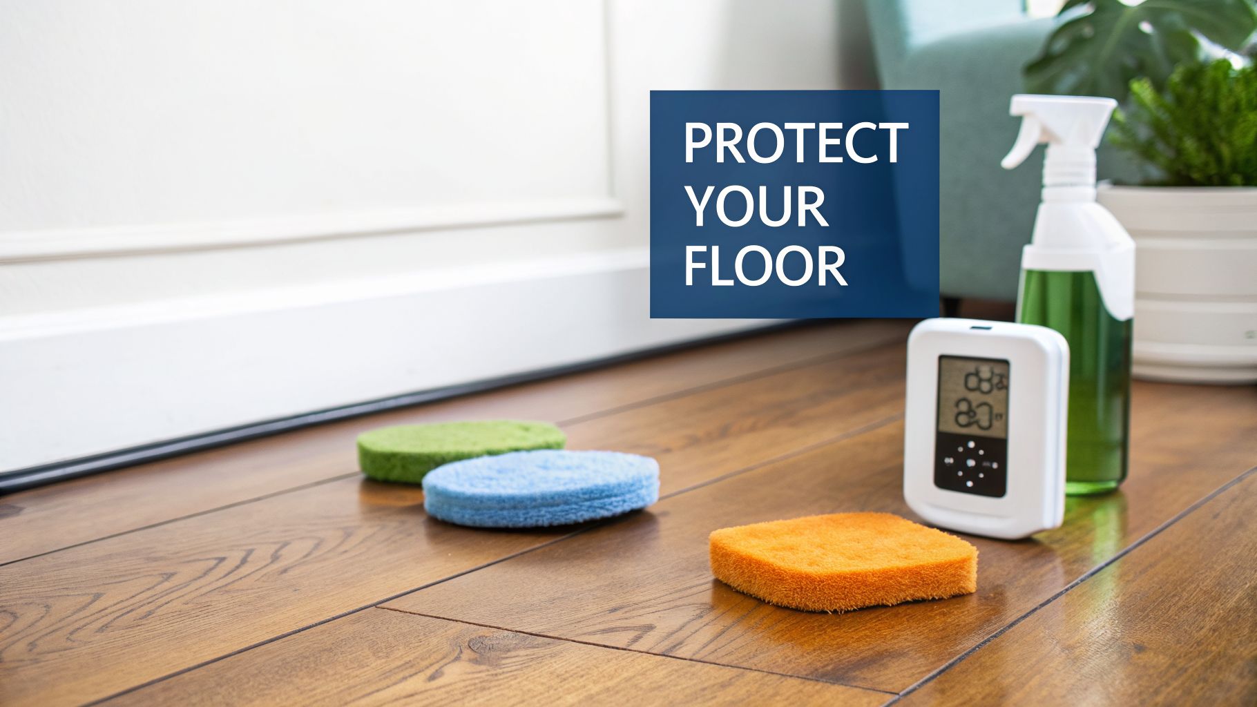 Cleaning sponges, a spray bottle, and a digital display on a polished wooden floor.