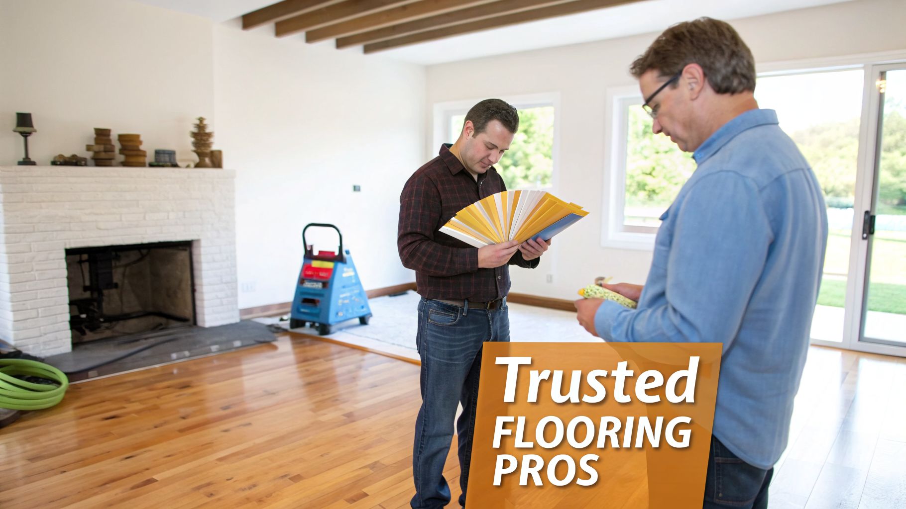 Two men examine various wood flooring samples in a bright room with a fireplace and large windows.