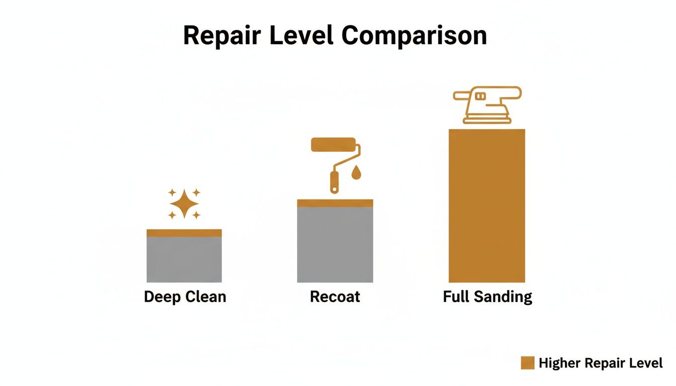 Comparison chart of wood floor repair levels: deep clean, recoat, and full sanding, indicating increasing effort.