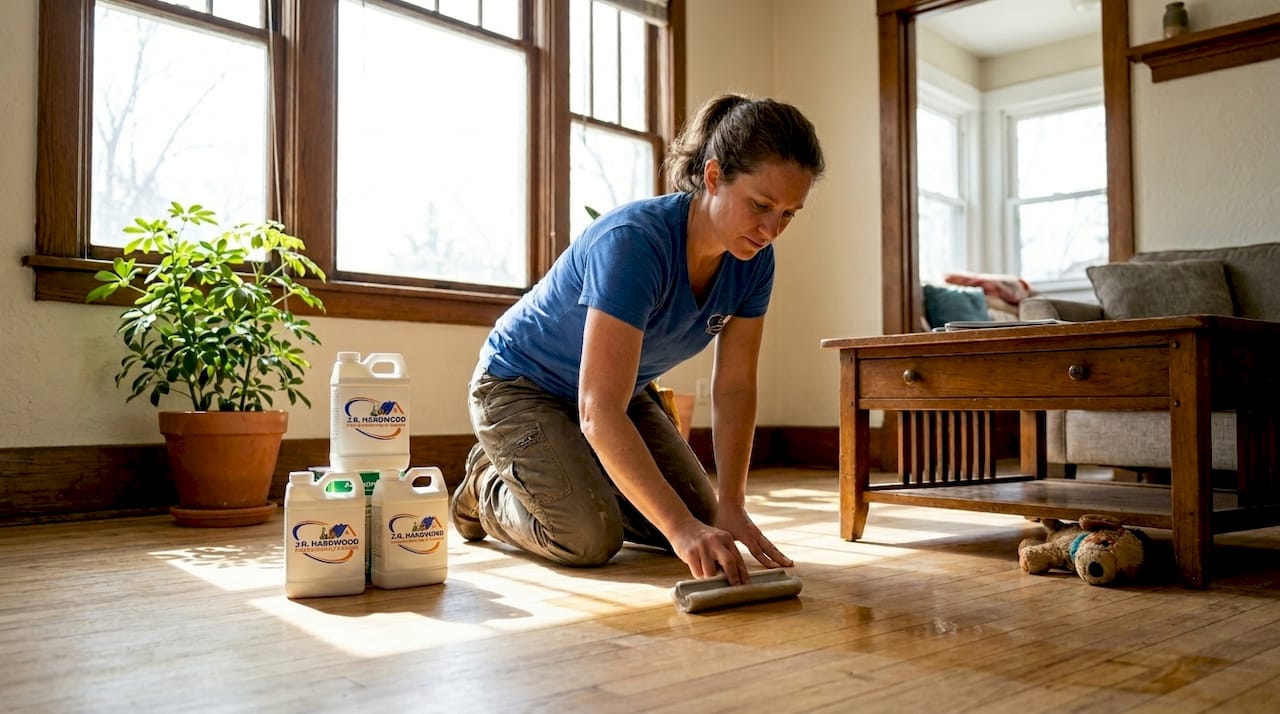 Homeowner refinishing hardwood floor in bright living room