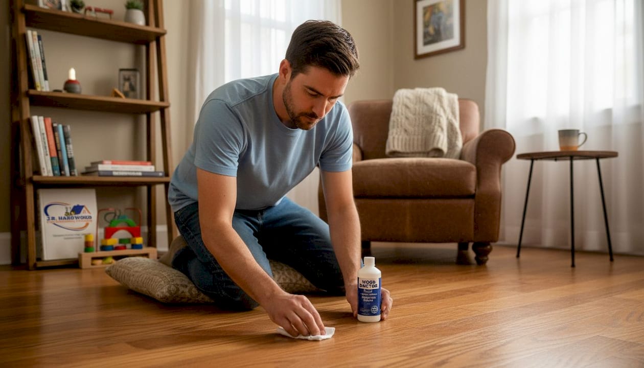 Homeowner repairing scratch on hardwood floor