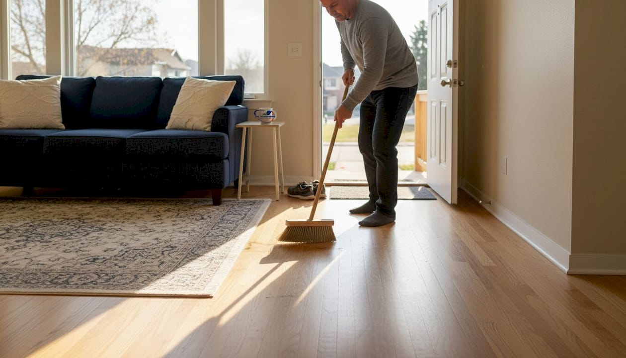 Homeowner cleaning hardwood floor in sunlit living room