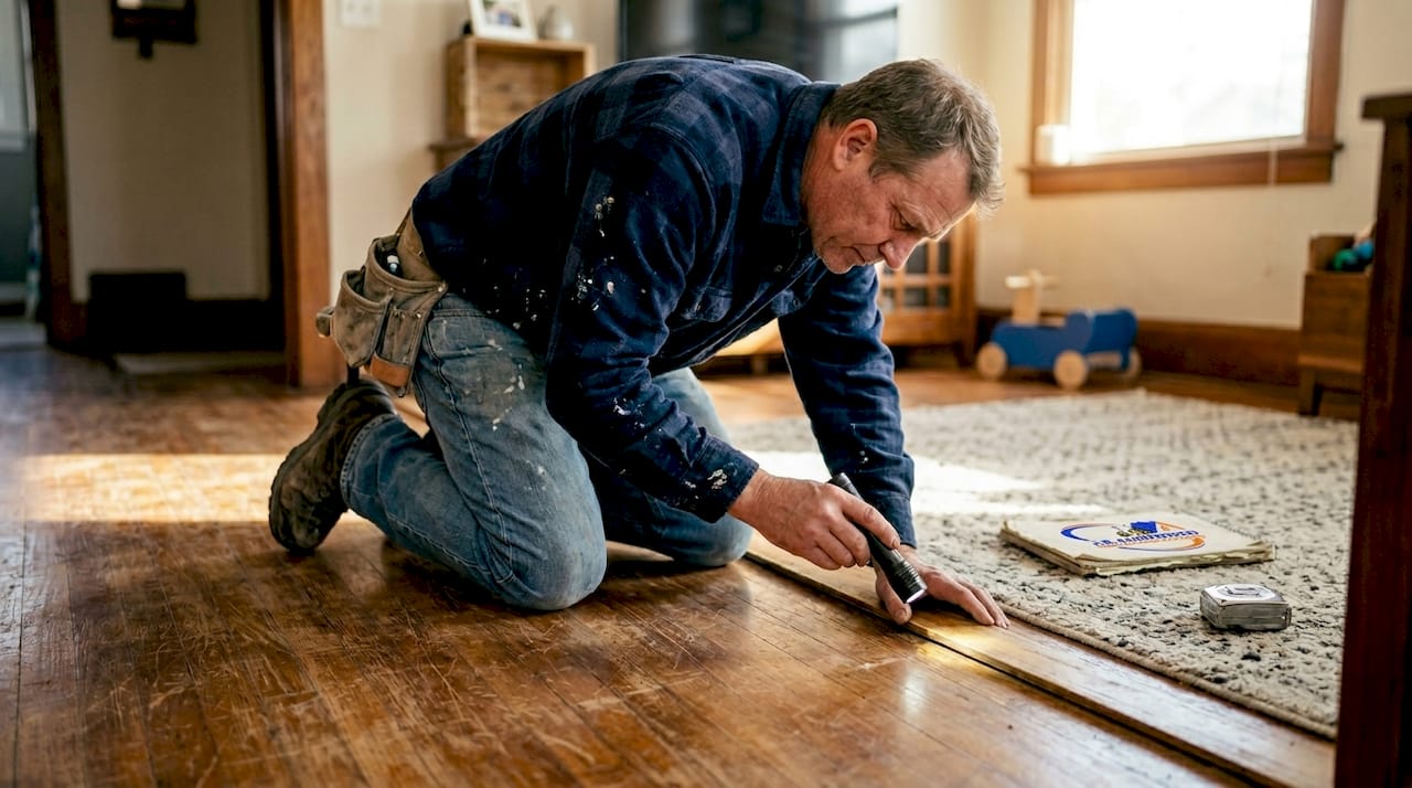 Craftsman inspecting hardwood floor care