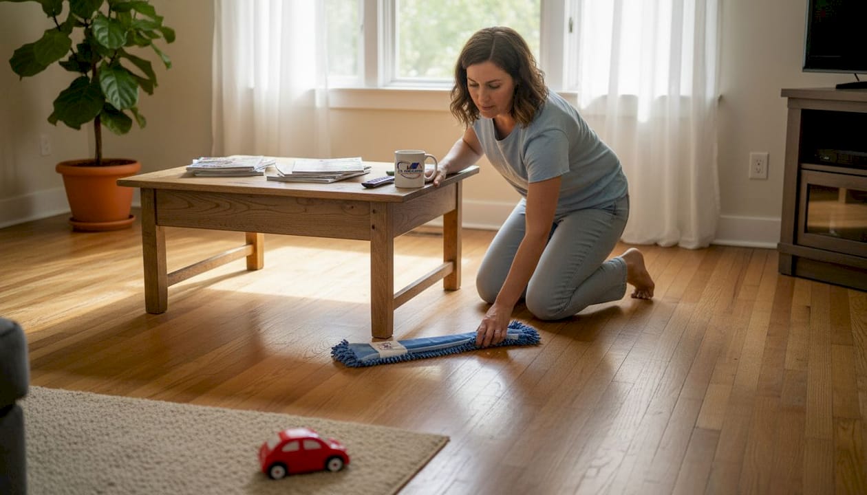 Woman cleaning hardwood floors in living room