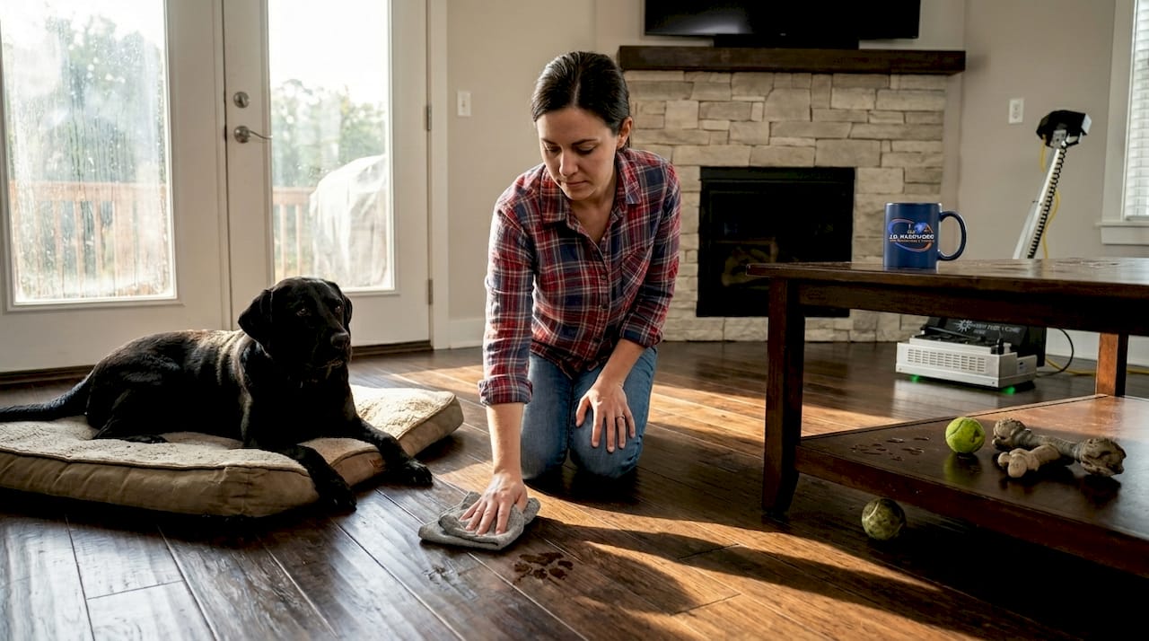 Pet owner cleans hardwood floor paw prints