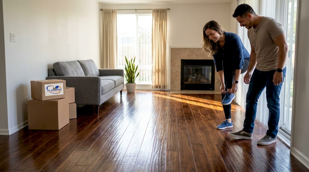 Couple entering living room with hardwood flooring
