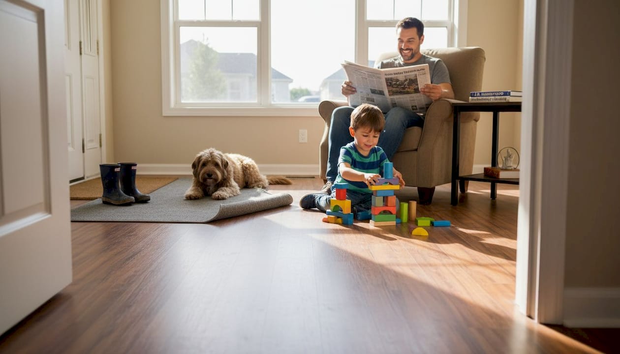 Family enjoying scratch-resistant laminate living room