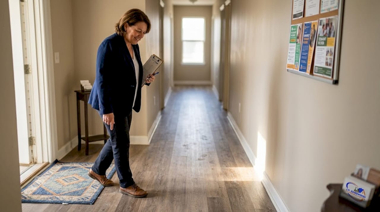 Property manager inspecting hallway flooring