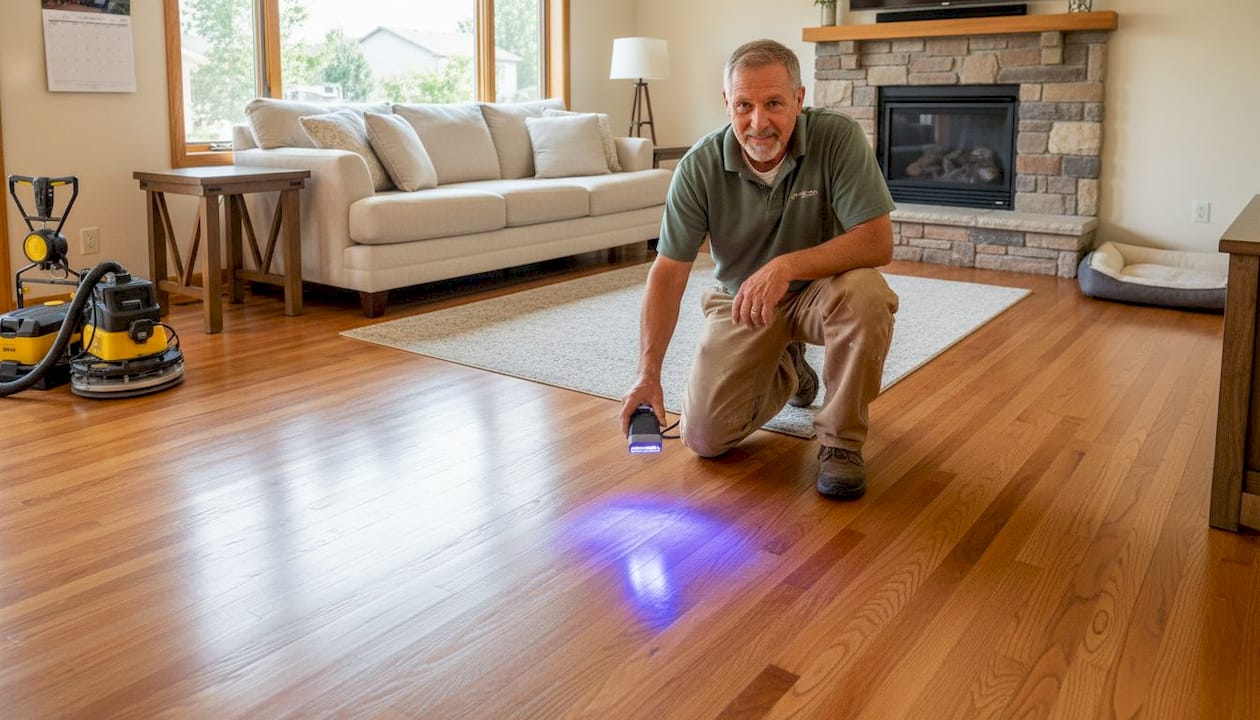Floor care specialist inspecting hardwood floors
