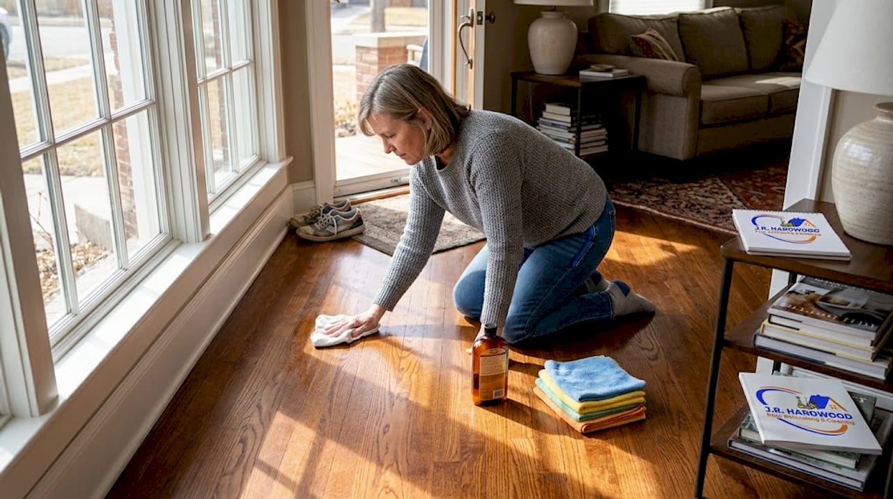 Homeowner wiping hazy hardwood floor