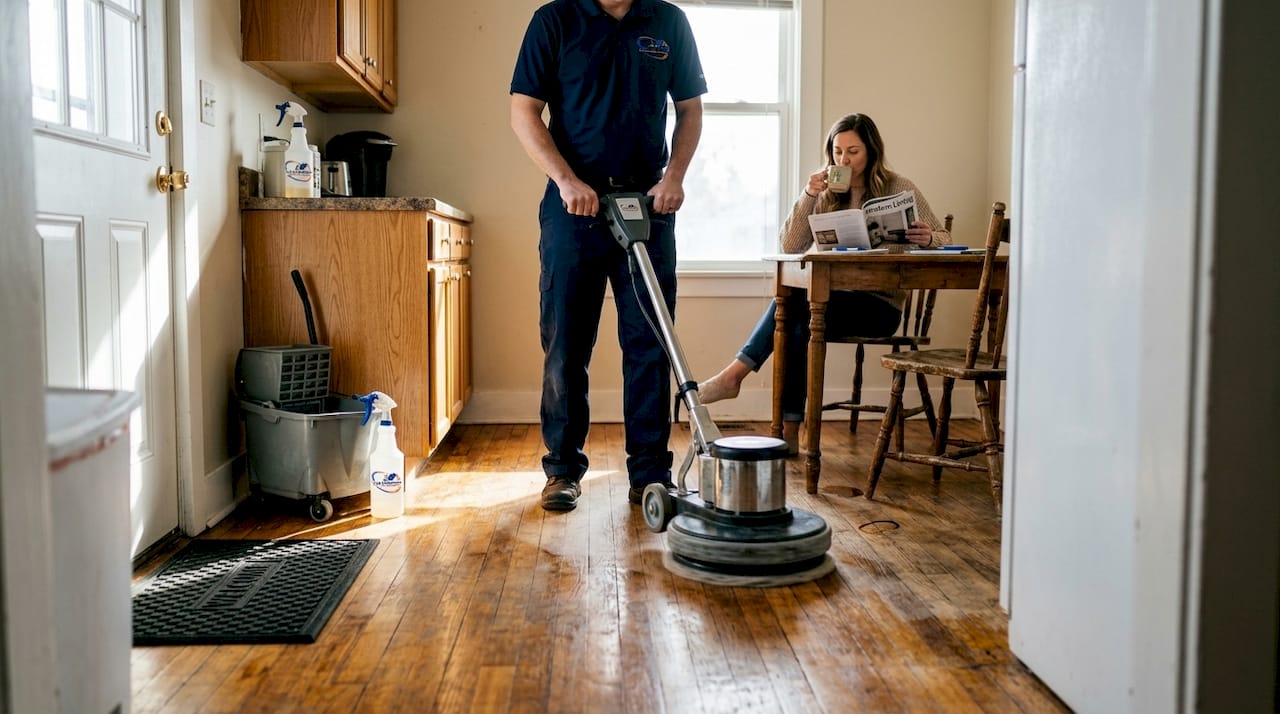 Professional cleaner working in residential kitchen