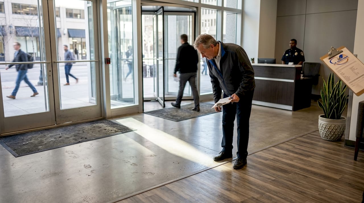 Manager checks durable commercial flooring in lobby