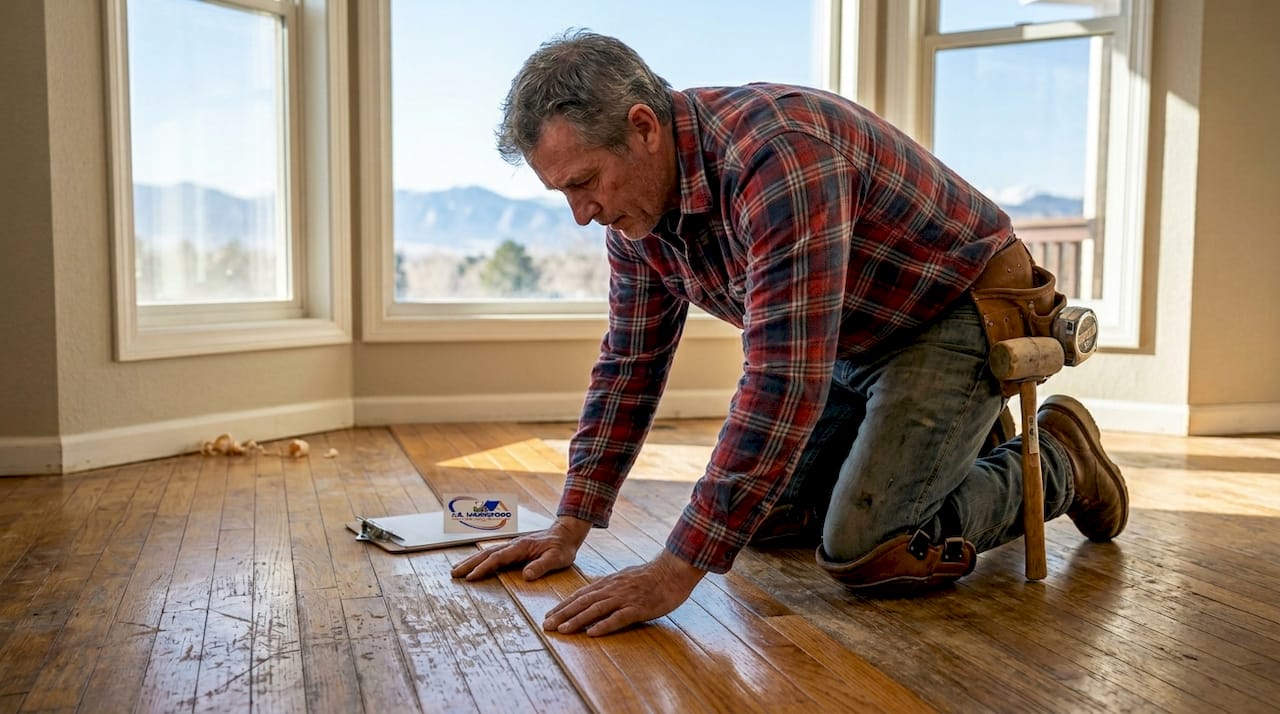 Flooring contractor installing hardwood in bright home