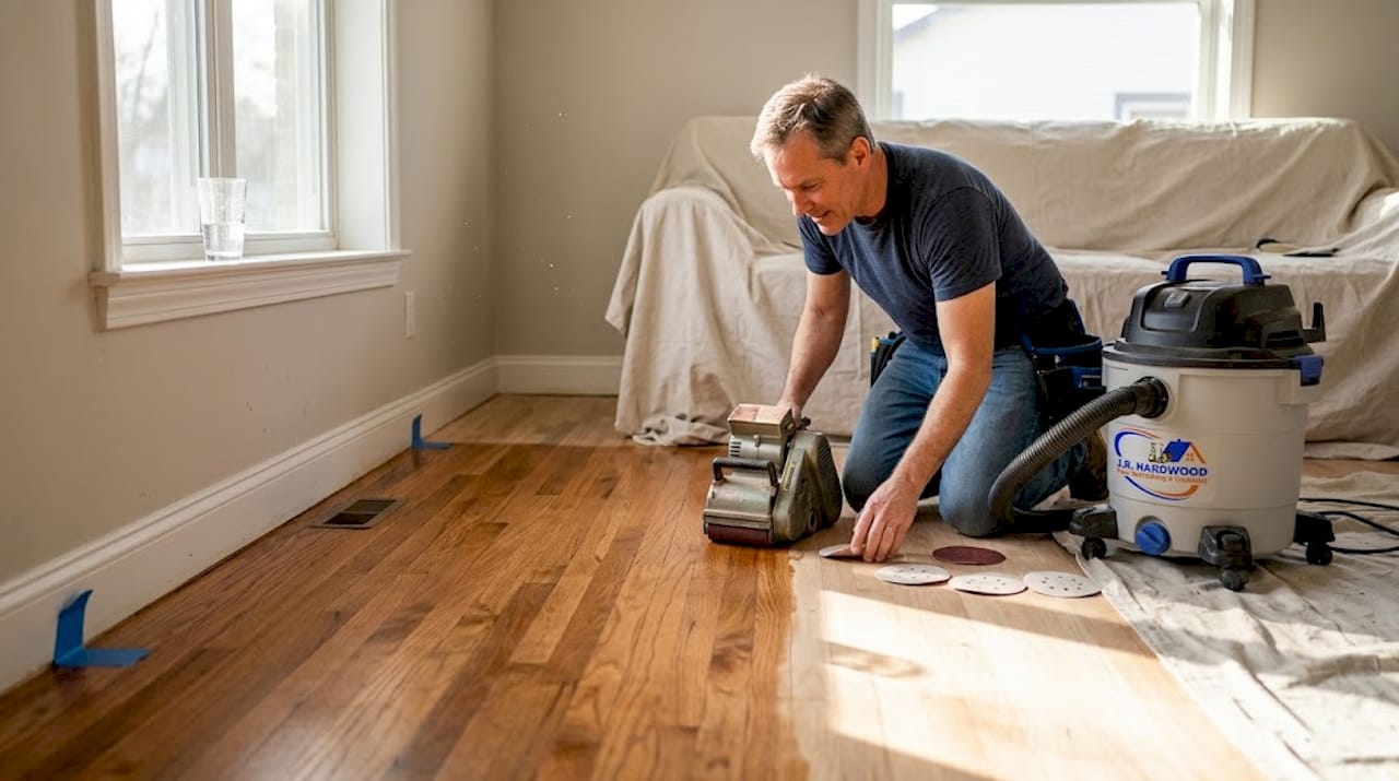Homeowner prepping hardwood floor sanding tools