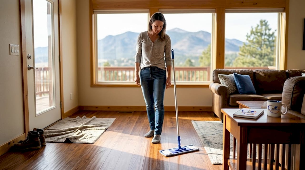 Homeowner inspecting hardwood floor finish