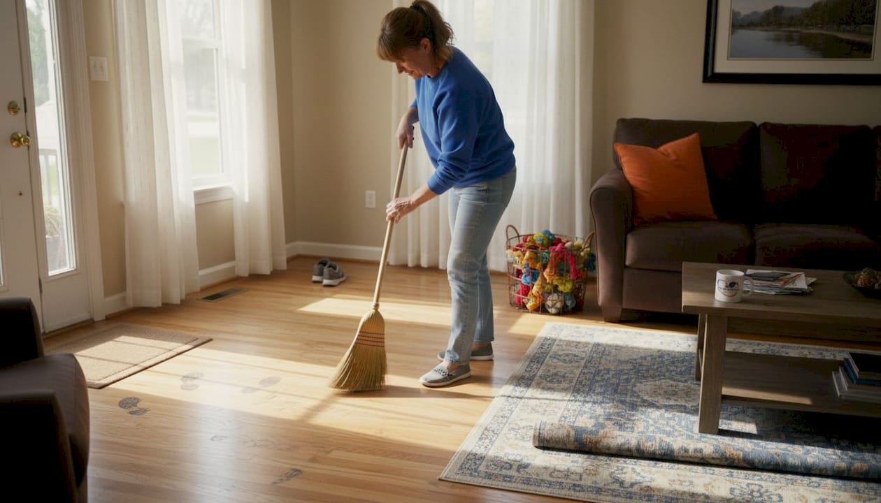 Homeowner sweeping hardwood floor in bright living room